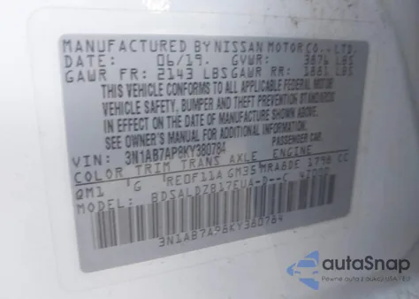 2019 Nissan Sentra Sv z USA, uszkodzony, nr VIN 3N1AB7AP8KY380784